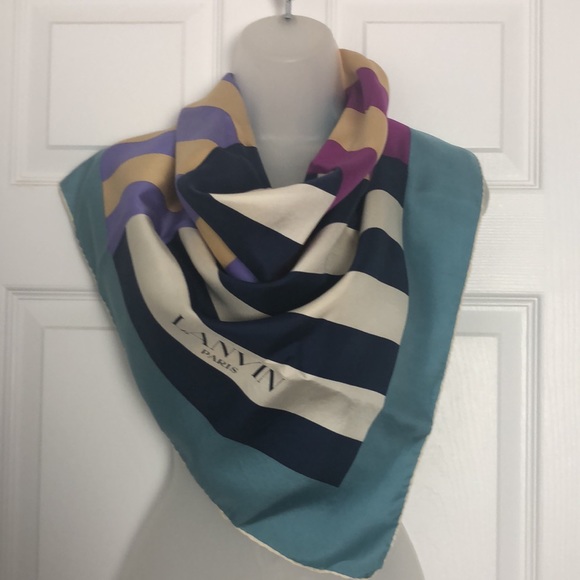 Lanvin Accessories - LANVIN Paris Geo Pattern Hand Rolled Silk Multicolor Square Scarf VTG Chic